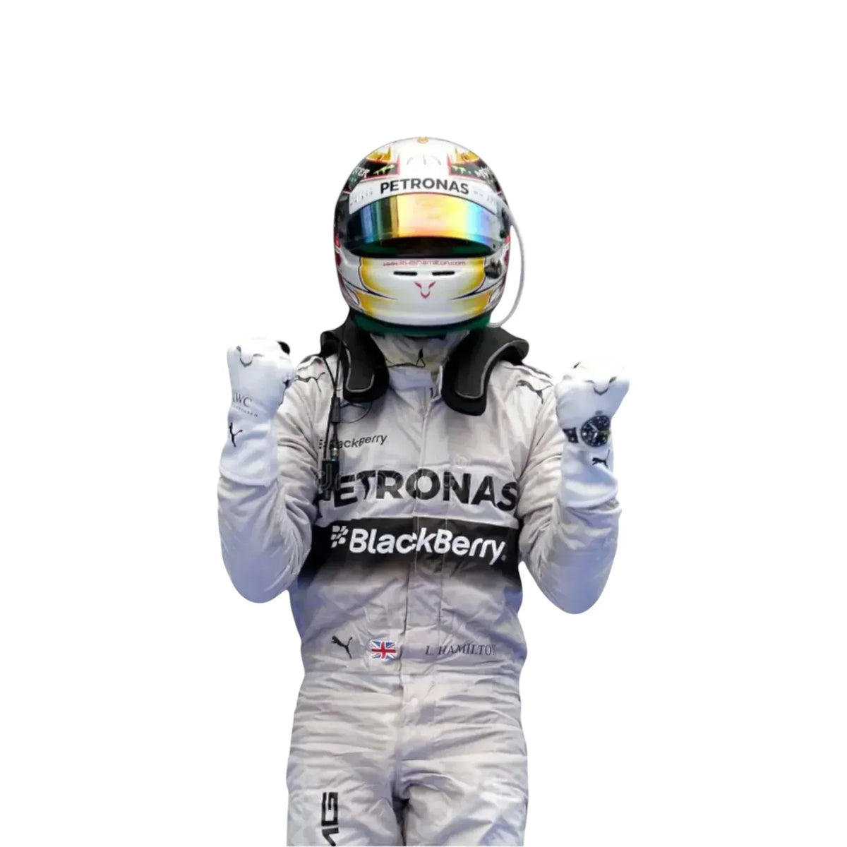 Full body view of 2014 Lewis Hamilton Mercedes Petronas F1 race suit for motorsport use