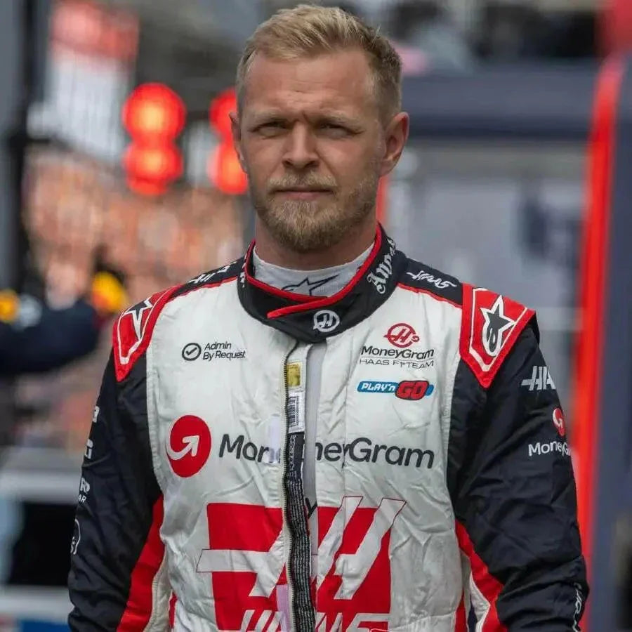 Close-up of Haas F1 logo embroidery on 2024 race suit”