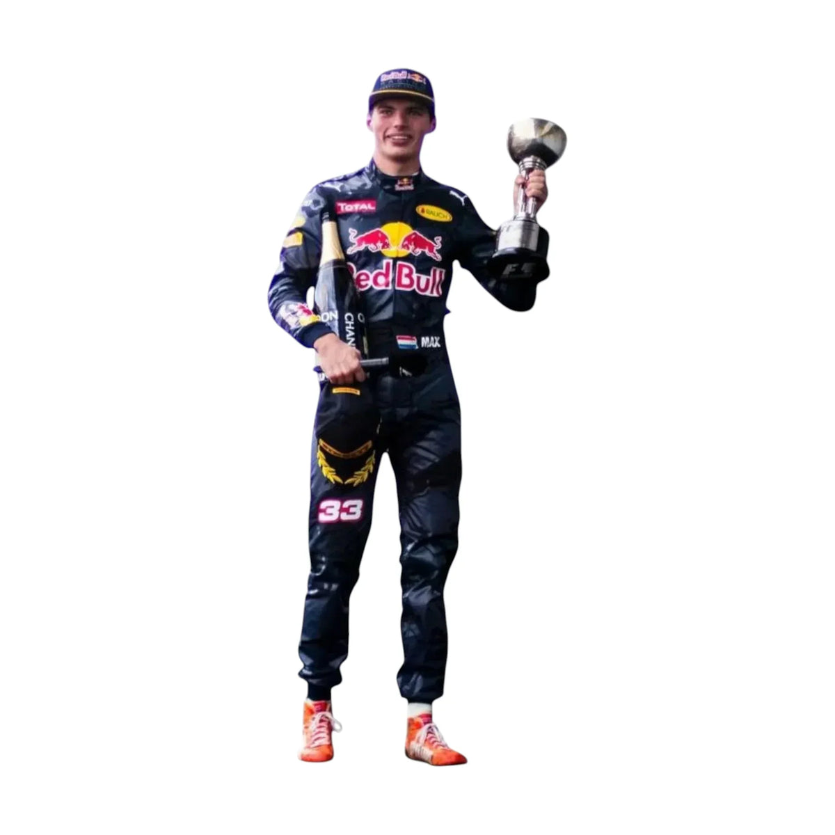 2016 Max Verstappen Italian GP Red Bull Racing F1 suit worn while holding a trophy and a bottle on a plain white background.”