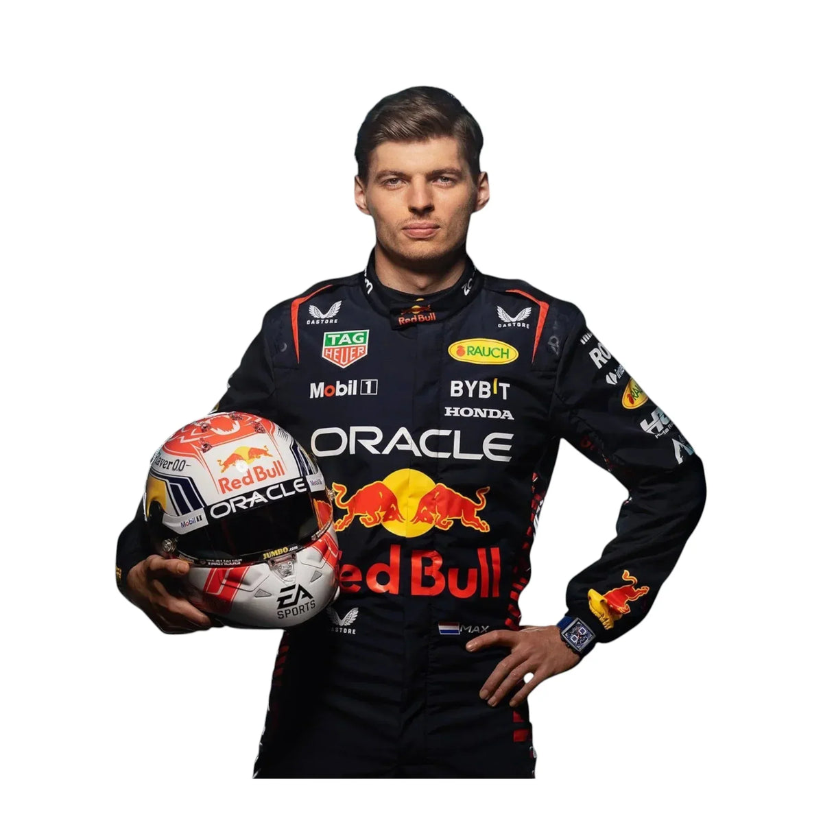 “2023 F1 racing driver in Red Bull styled suit holding helmet – high-quality studio photo”