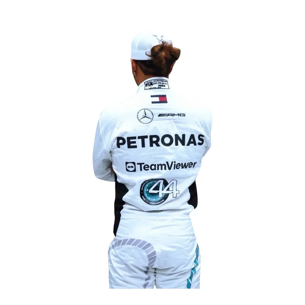 2024 Lewis Hamilton Qatar GP white F1 race suit back view