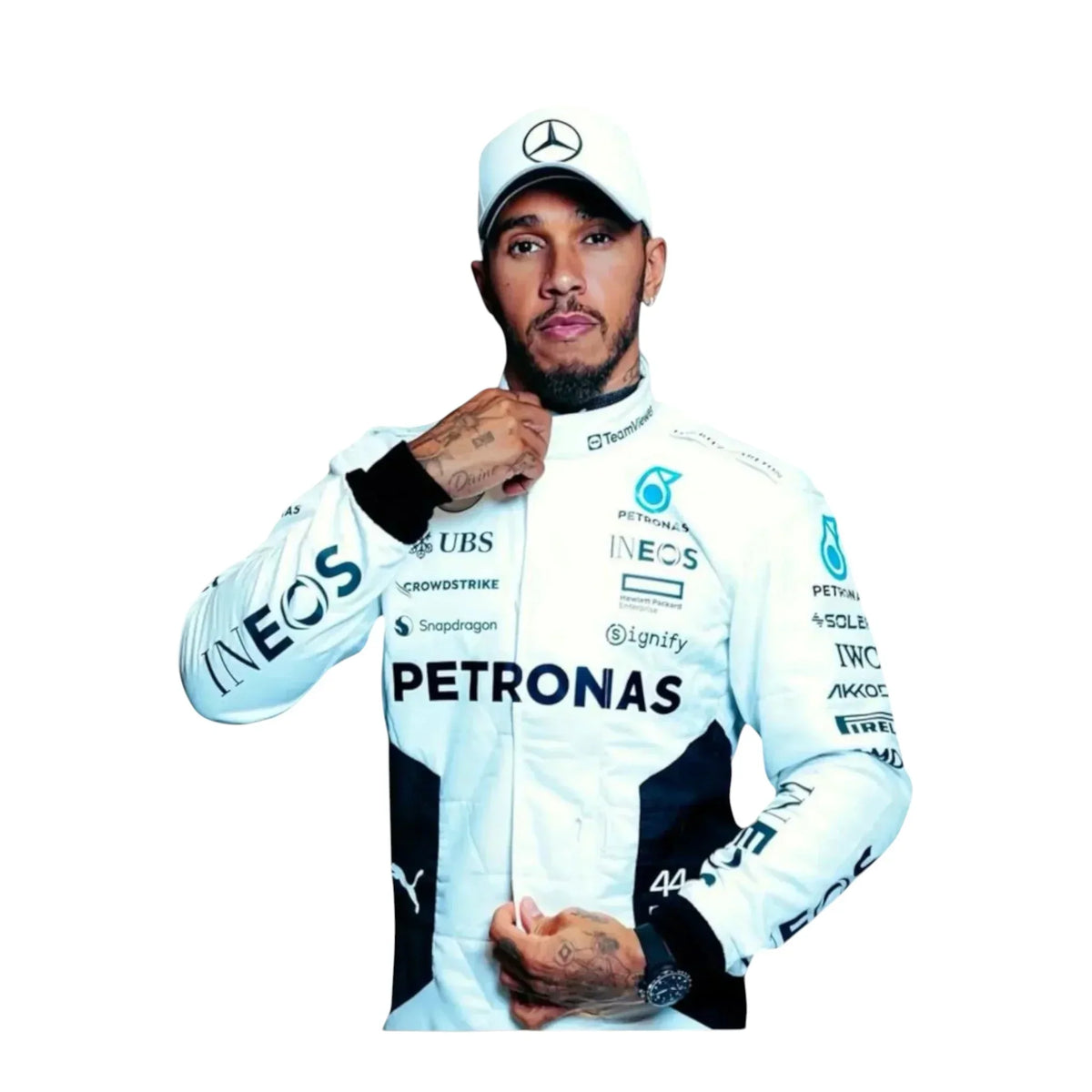 2024 Lewis Hamilton Qatar GP white F1 race suit front view