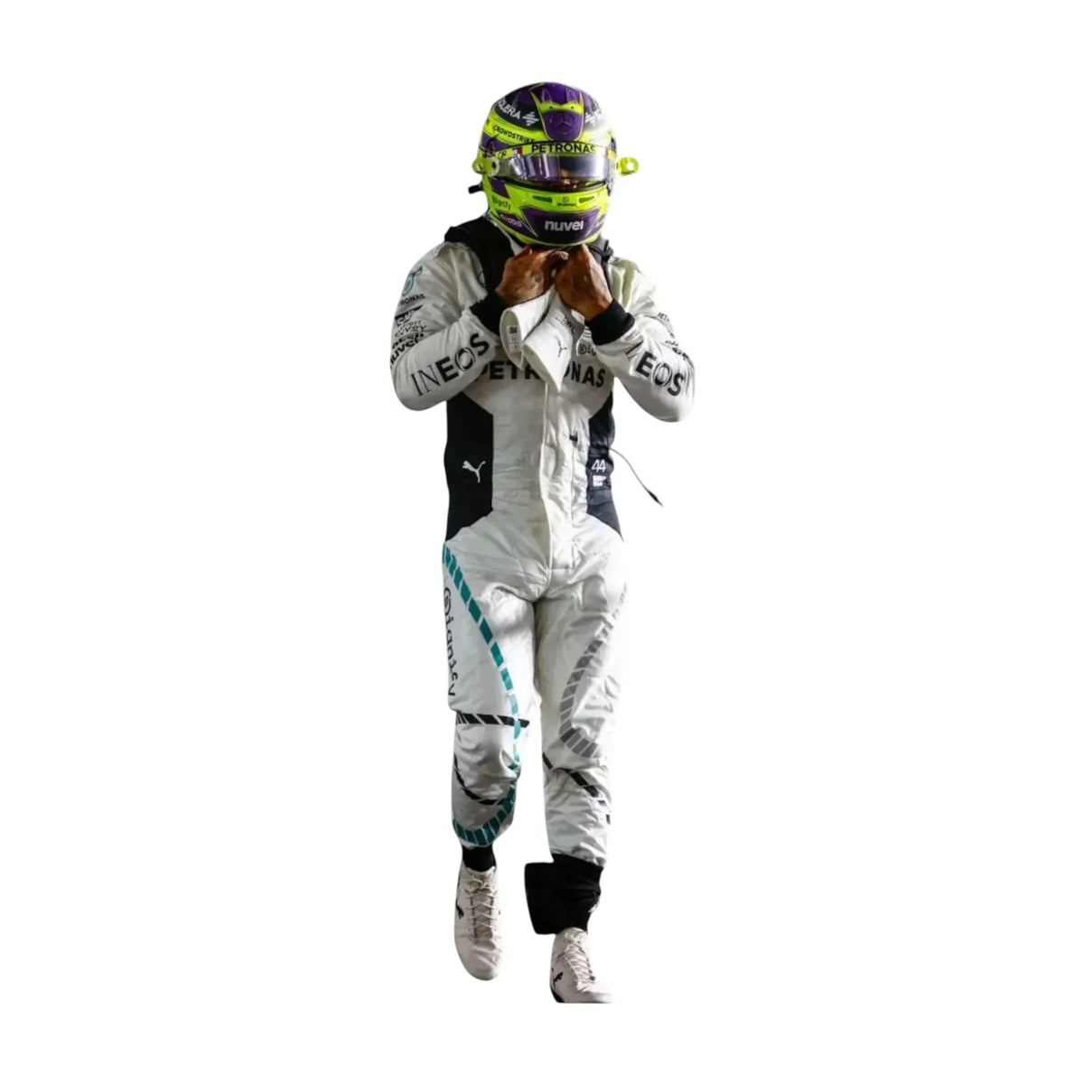 2024 Lewis Hamilton Qatar GP white Mercedes F1 race suit side profile