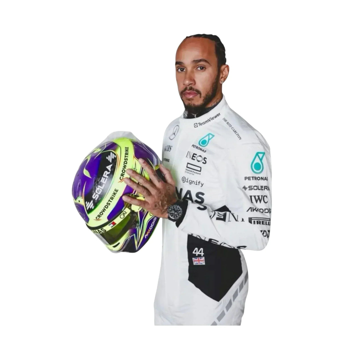 2024 Lewis Hamilton Qatar GP white Mercedes F1 race suit side profile