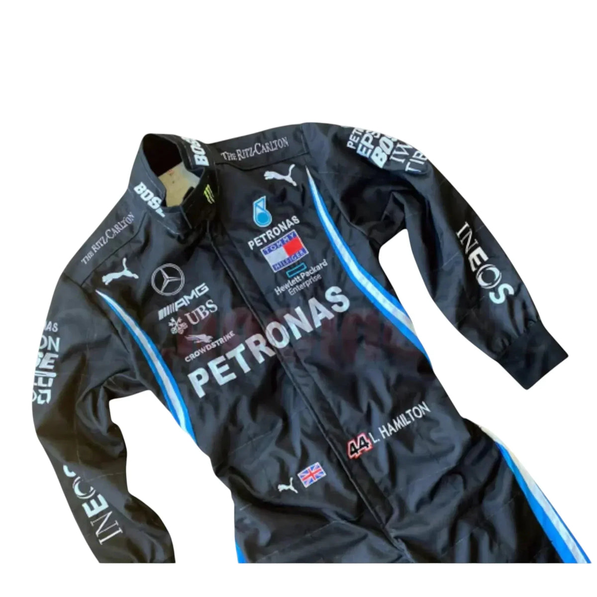 Black Mercedes-AMG Petronas F1 race suit embroidery close up