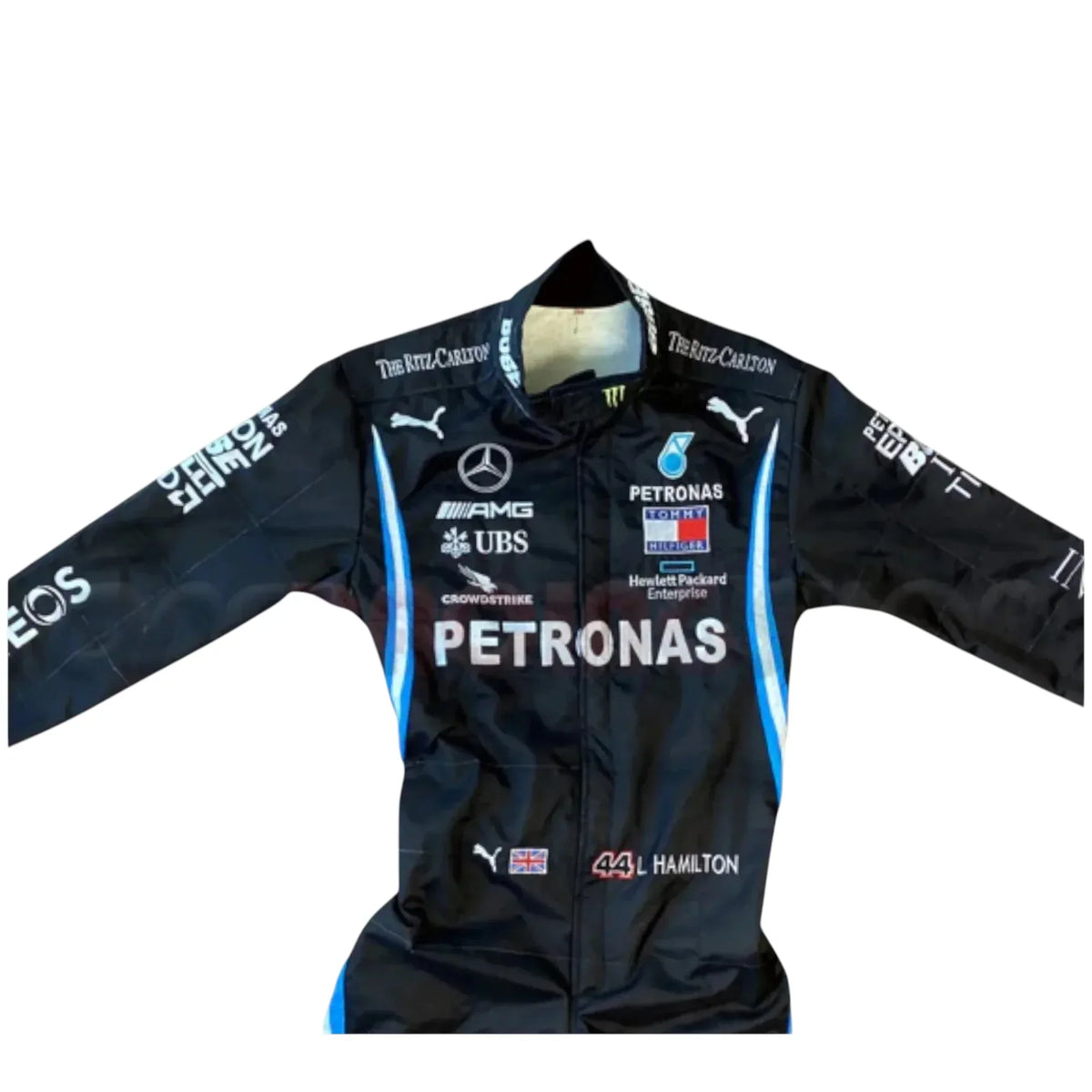 Black Mercedes-AMG Petronas F1 race suit embroidery close up