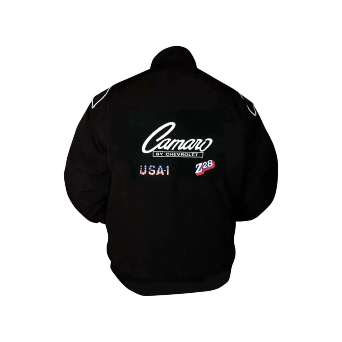 Black jacket with 'Camaro by Chevrolet Z/28' text on the back against a white background