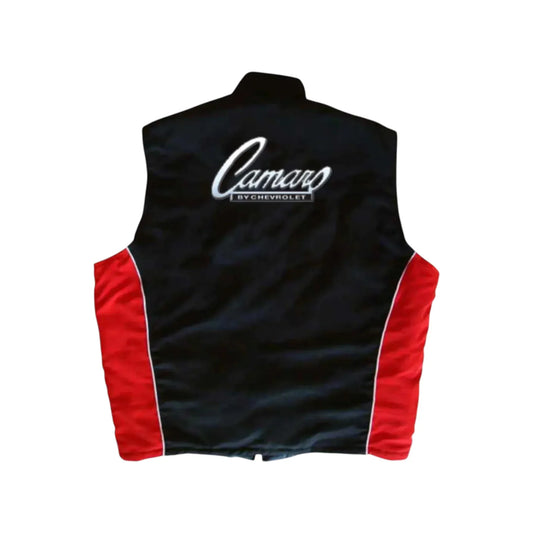 Black vest with red sleeves featuring 'Camaro by Chevrolet' logo on a white background