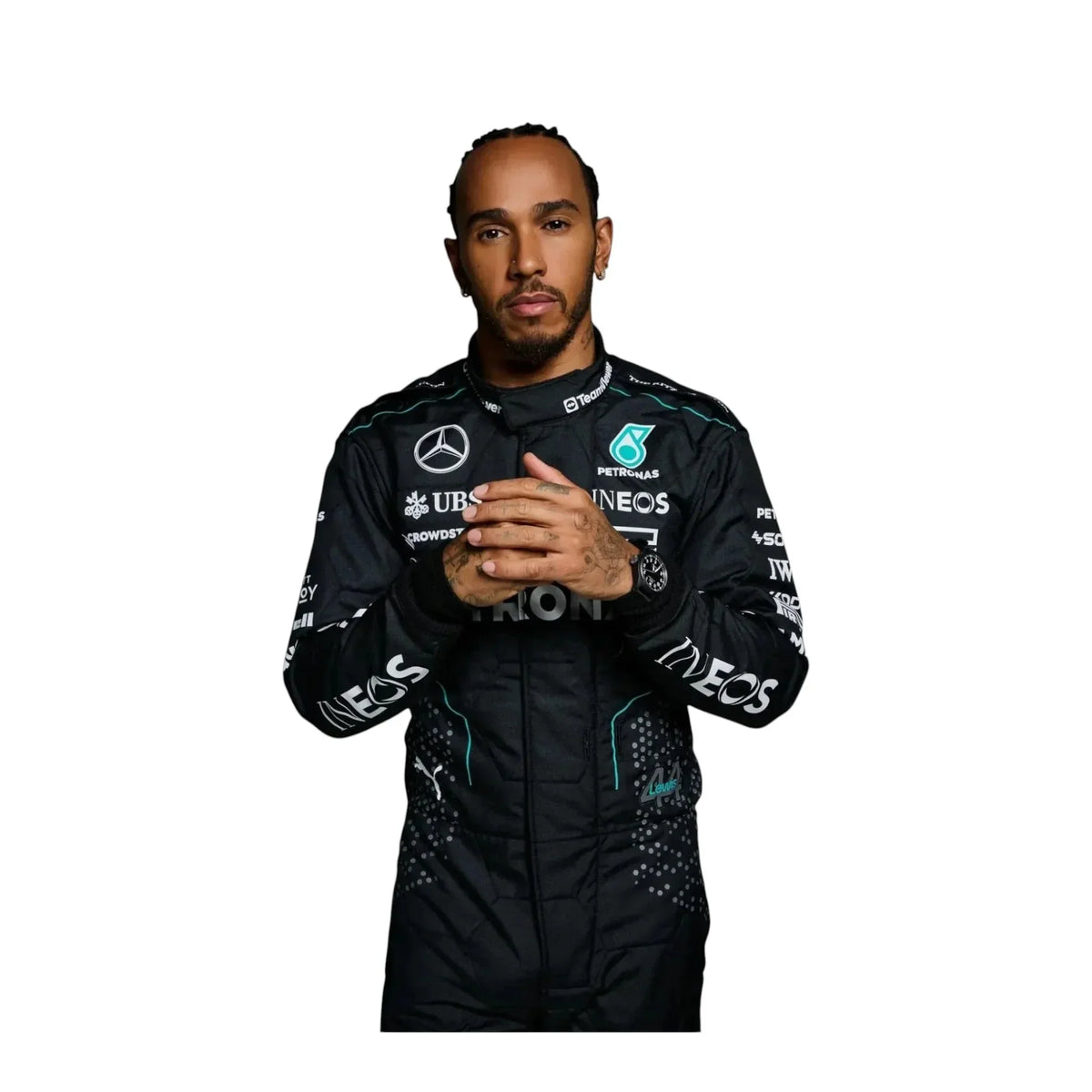 Close-up fabric texture of Lewis Hamilton 2024 F1 race suit