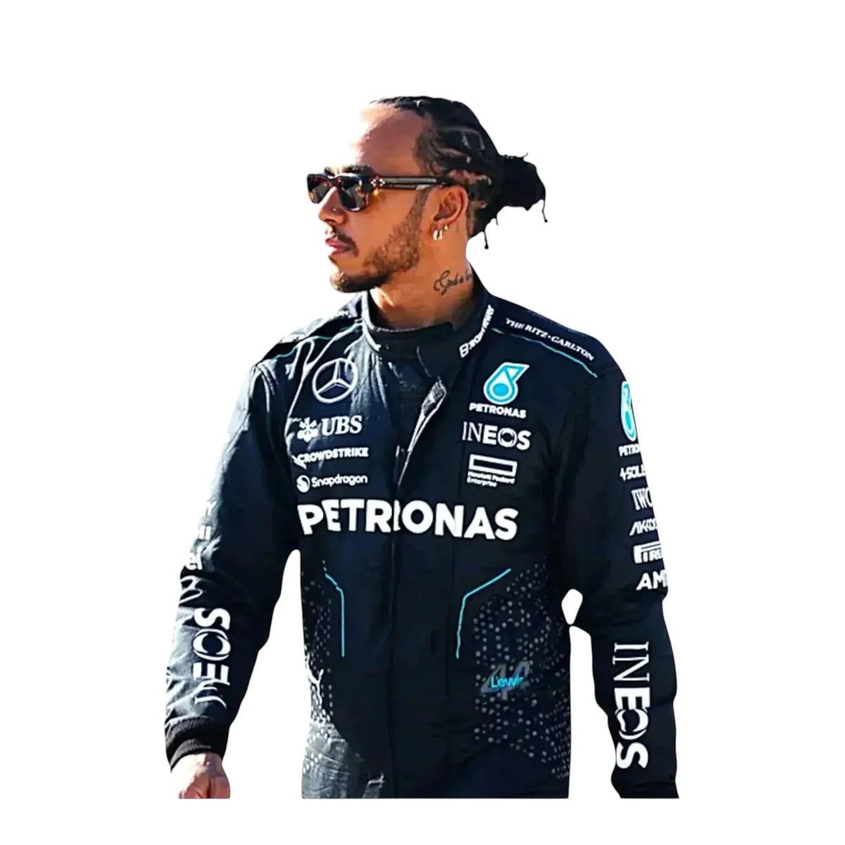 Close-up fabric texture of Lewis Hamilton 2024 F1 race suit