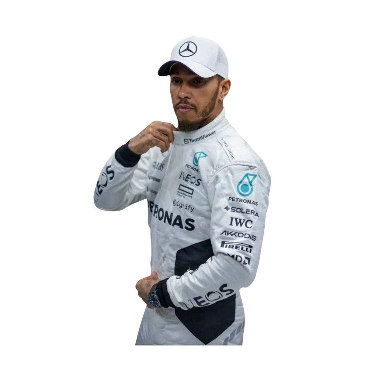 Close-up of 2024 Lewis Hamilton Qatar GP white F1 race suit fabric