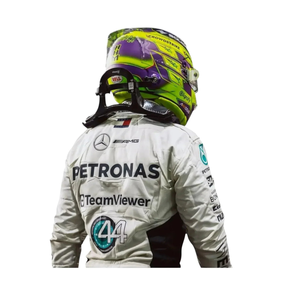Close-up of 2024 Lewis Hamilton Qatar GP white F1 race suit fabric