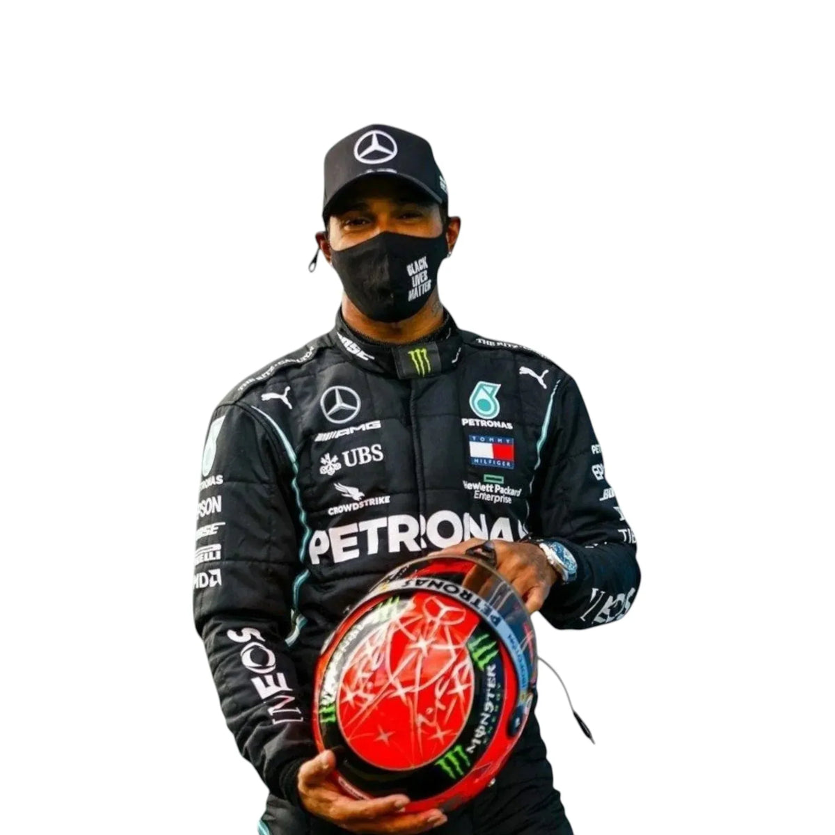 Close-up of Lewis Hamilton 2021 Mercedes AMG F1 race suit fabric