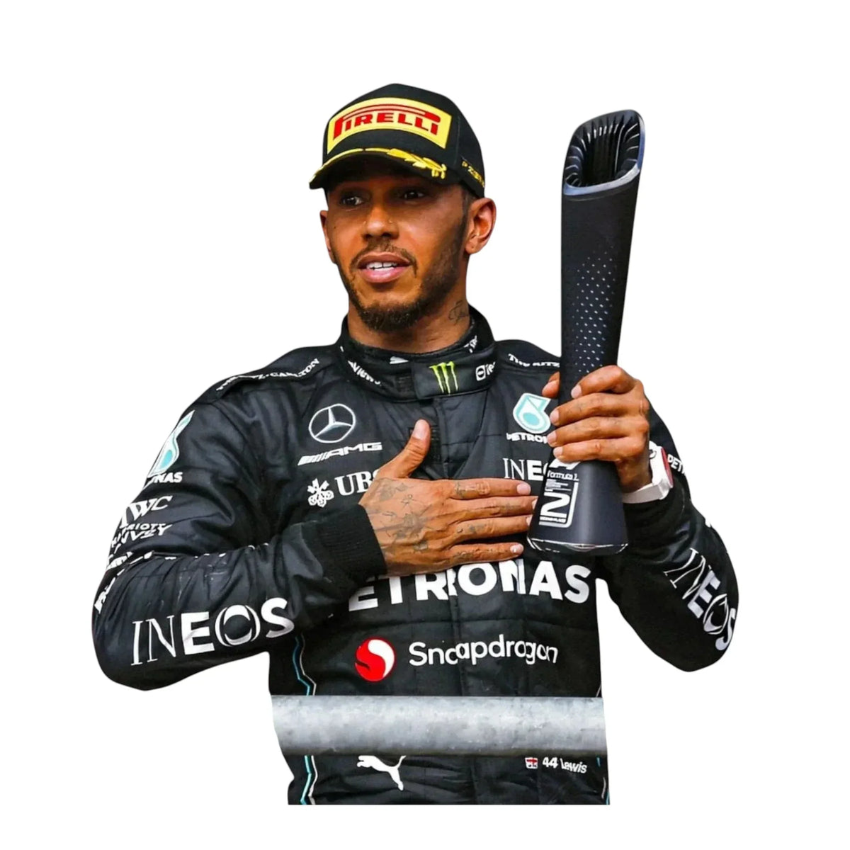 Close-up of Lewis Hamilton Mercedes-AMG Petronas F1 race suit fabric