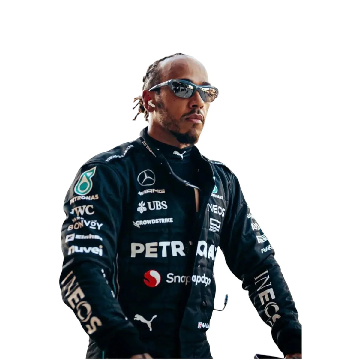 Close-up of Lewis Hamilton Mercedes-AMG Petronas F1 race suit fabric