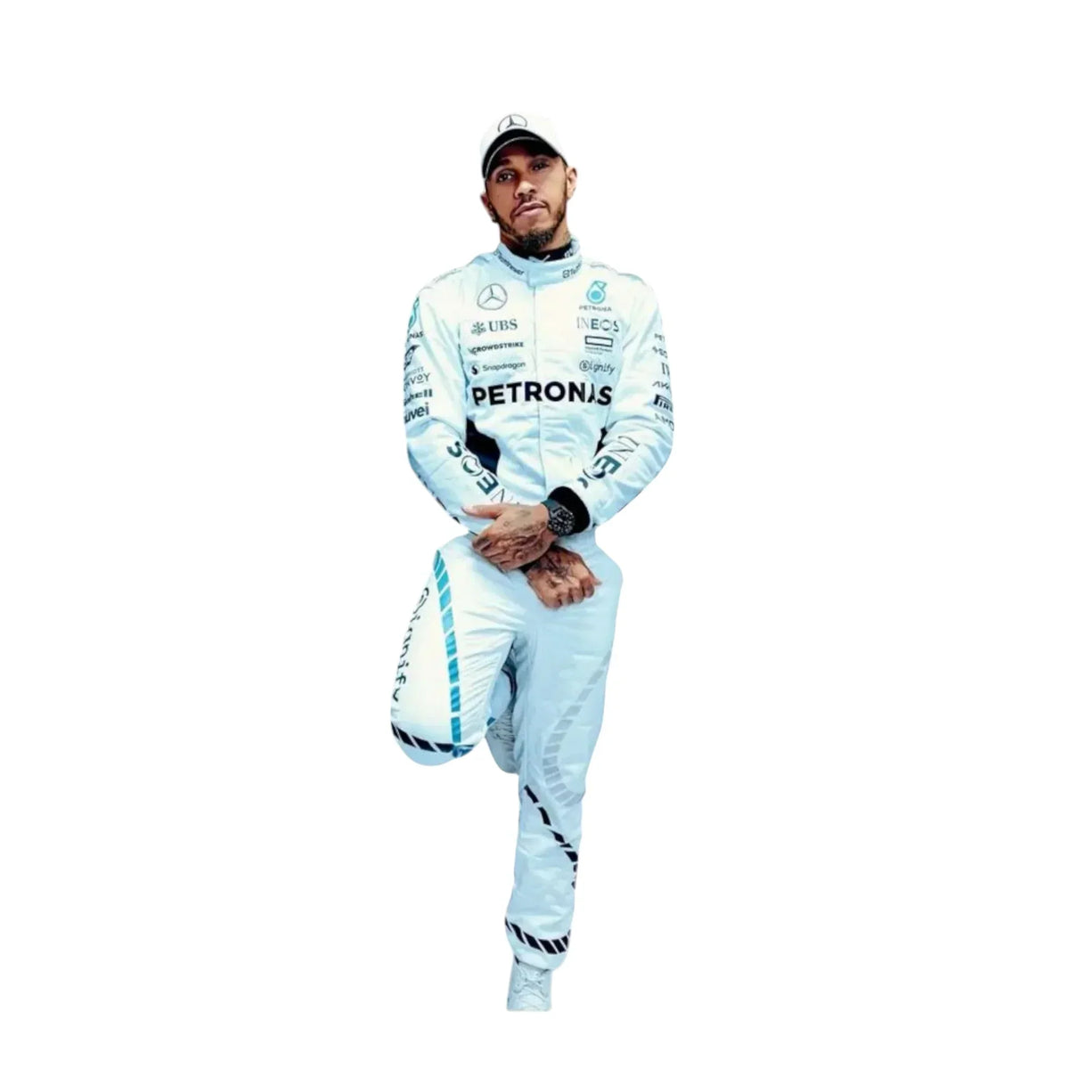 Detailed view of 2024 Lewis Hamilton Qatar GP white racing suit