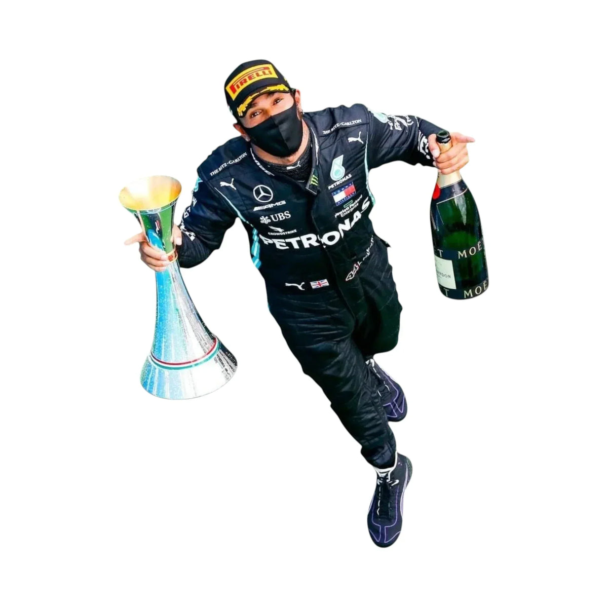 Detailed view of Lewis Hamilton 2021 Mercedes AMG Petronas race suit