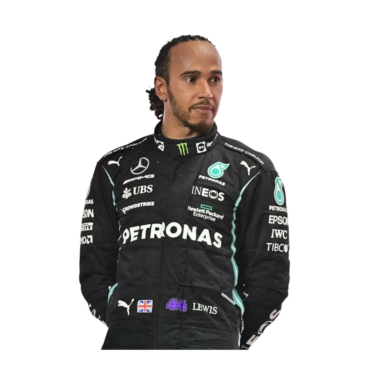 Front view of 2020 F1 champion-inspired black and teal motorsport race suit