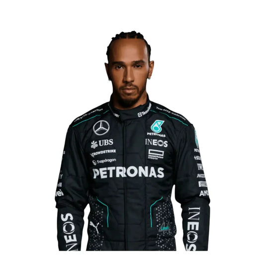 Front view of Lewis Hamilton 2024 Mercedes AMG F1 team race suit