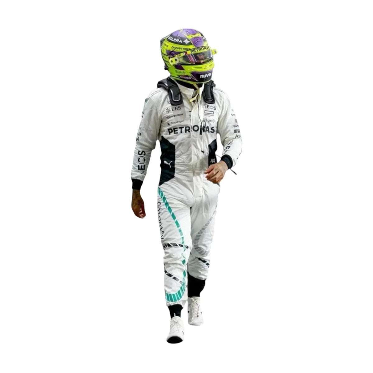 Full body view of 2024 Lewis Hamilton Qatar GP white F1 race suit