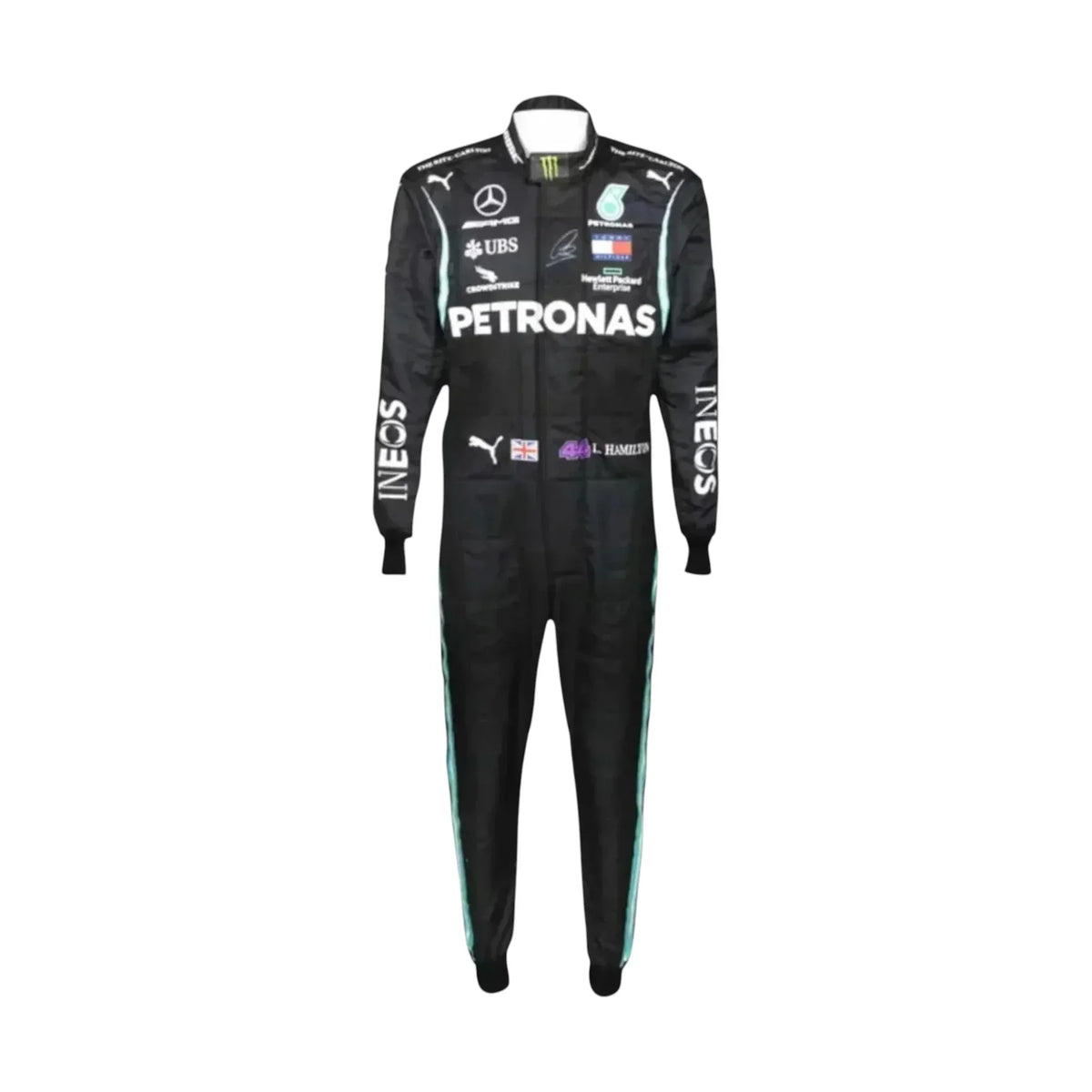 Full body view of Lewis Hamilton 2021 Mercedes AMG Petronas race suit
