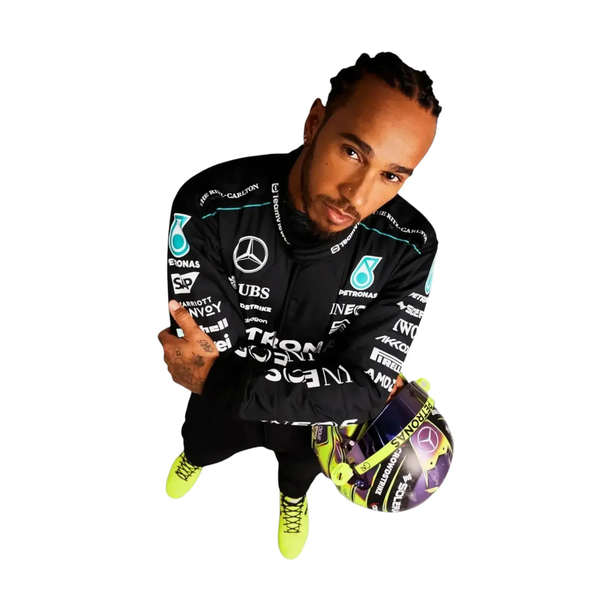 Full body view of Lewis Hamilton 2024 Mercedes AMG F1 race suit