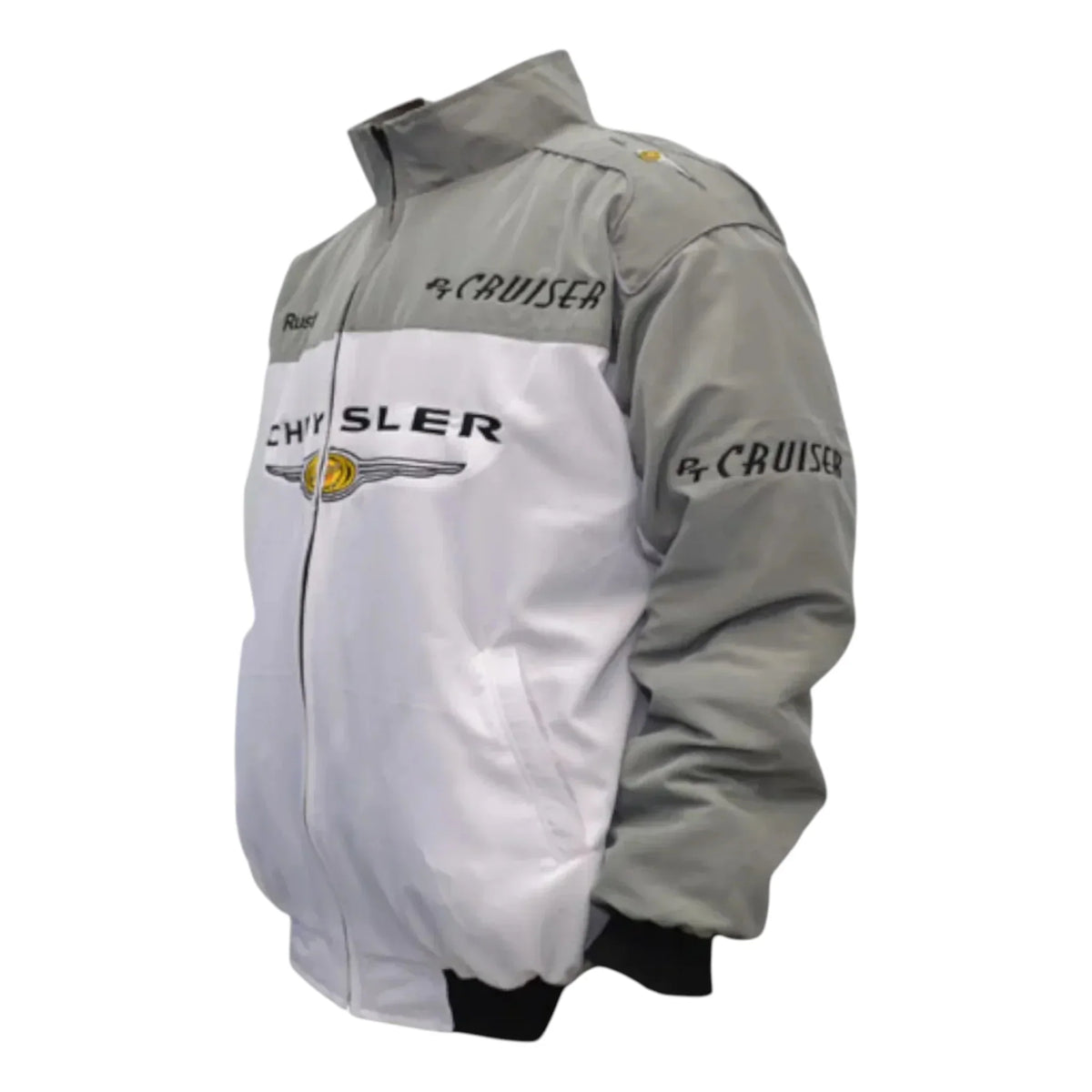 Gray and white jacket with Chrysler logo on a white background