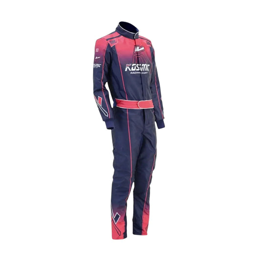 Kosmic 2020 go-kart navy and red racing suit with ‘Kosmic’ branding, displayed on a clean white background.