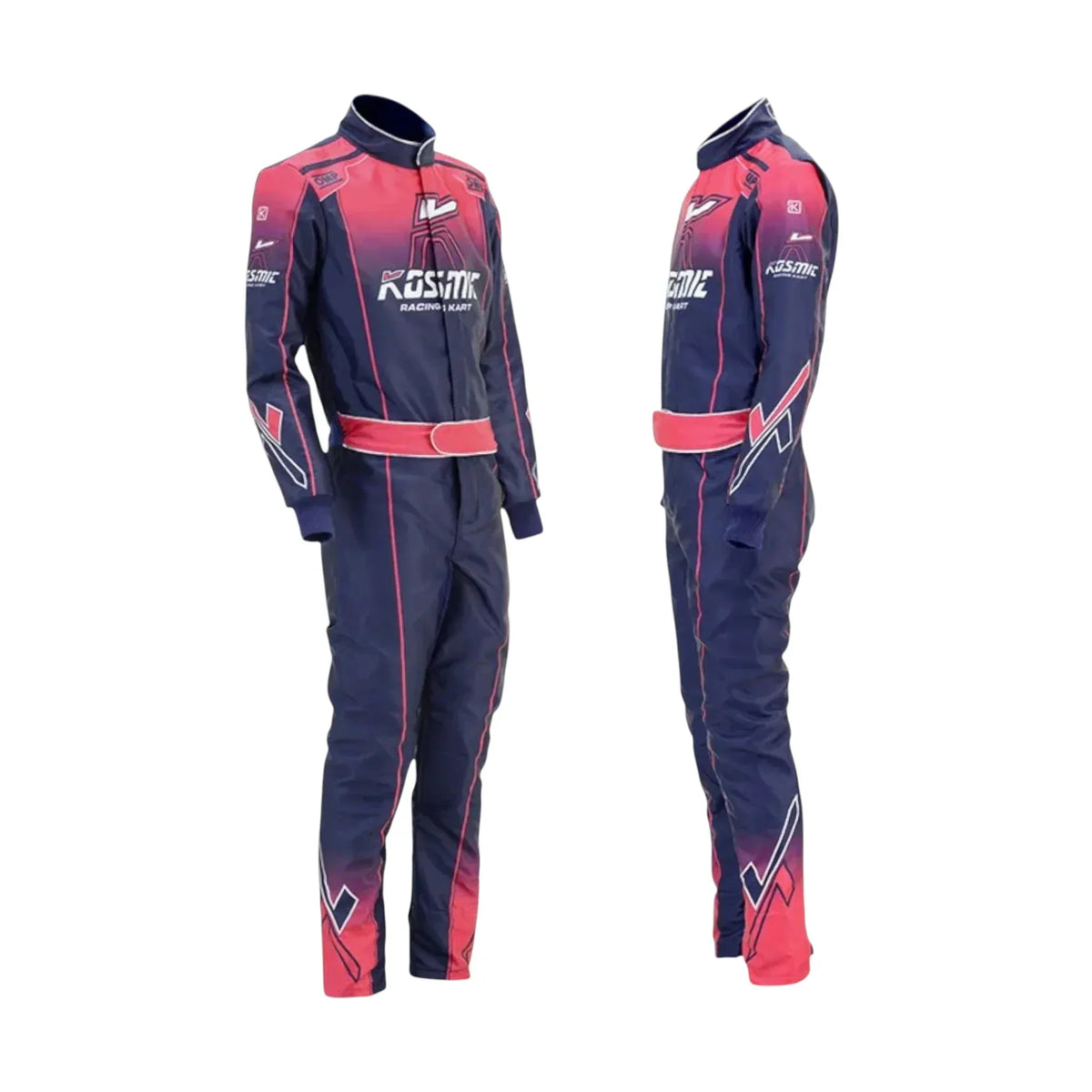 Kosmic 2020 go-kart navy and red racing suit with visible branding, displayed on a clean white background