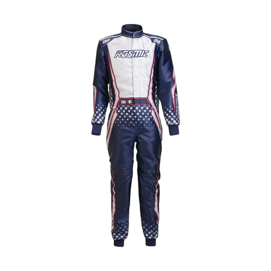 Kosmic 2025 go-kart Racing suit with American flag design on a white background