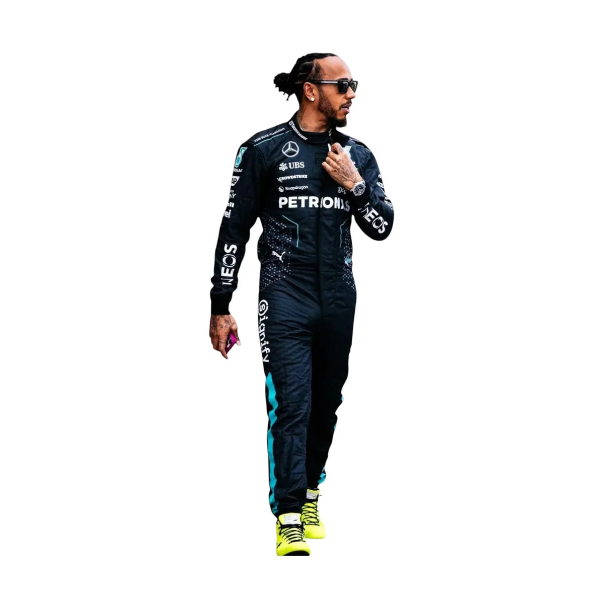 Lewis Hamilton Mercedes AMG F1 Team 2024 racing suit front view