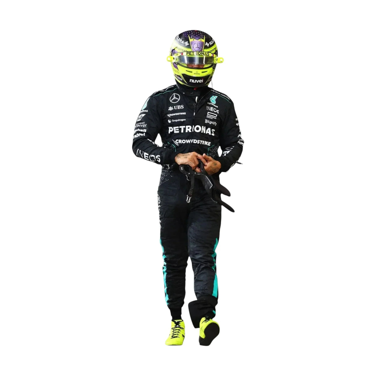 Lewis Hamilton Mercedes F1 2024 race suit display
