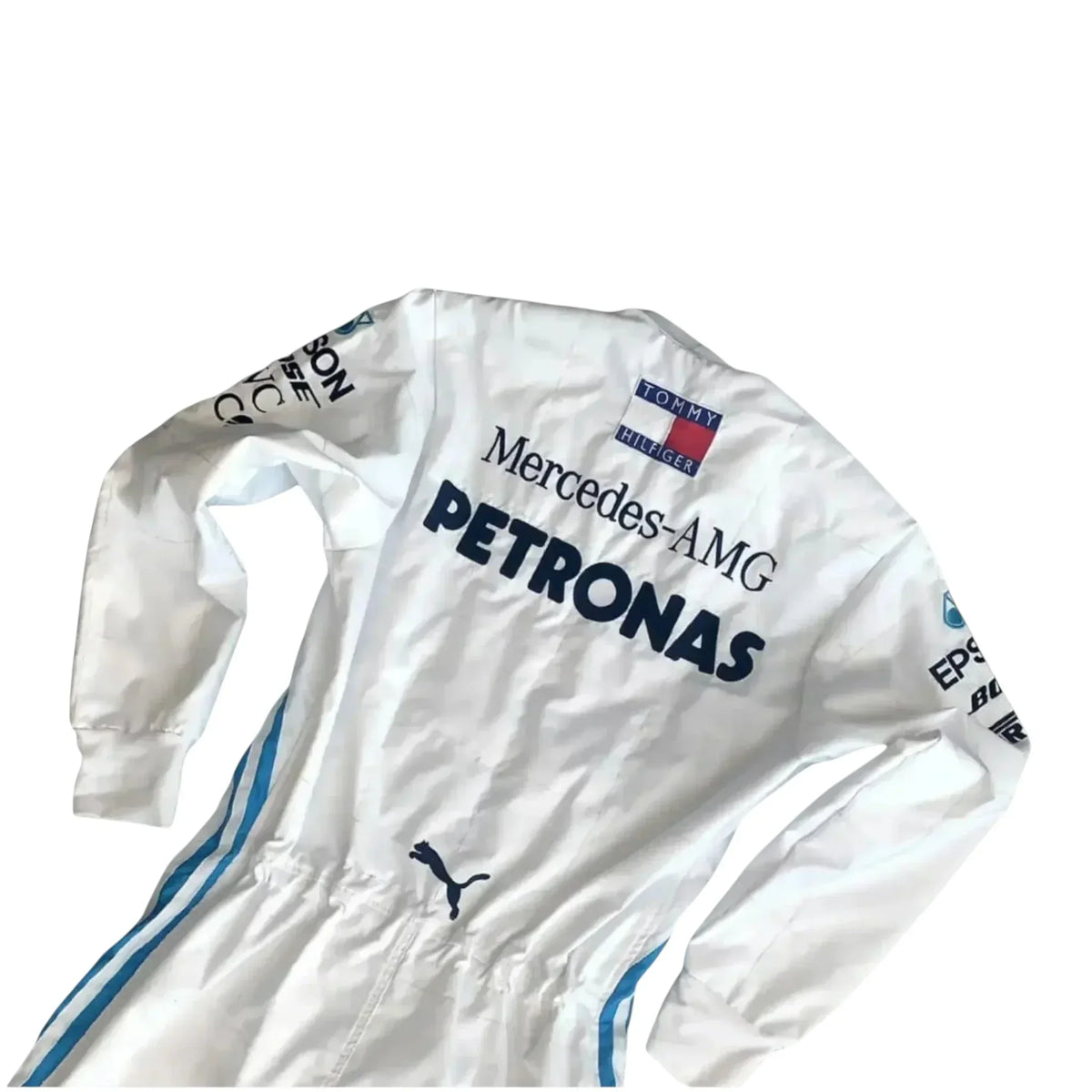 Logo and patch embroidery close-up on Lewis Hamilton 2019 Mercedes-AMG Petronas F1 inspired race suit
