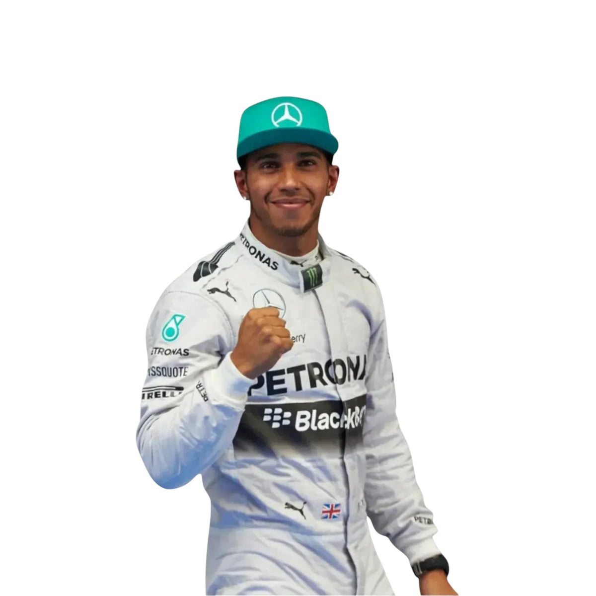Logo close up of 2014 Lewis Hamilton Mercedes Petronas F1 race suit branding