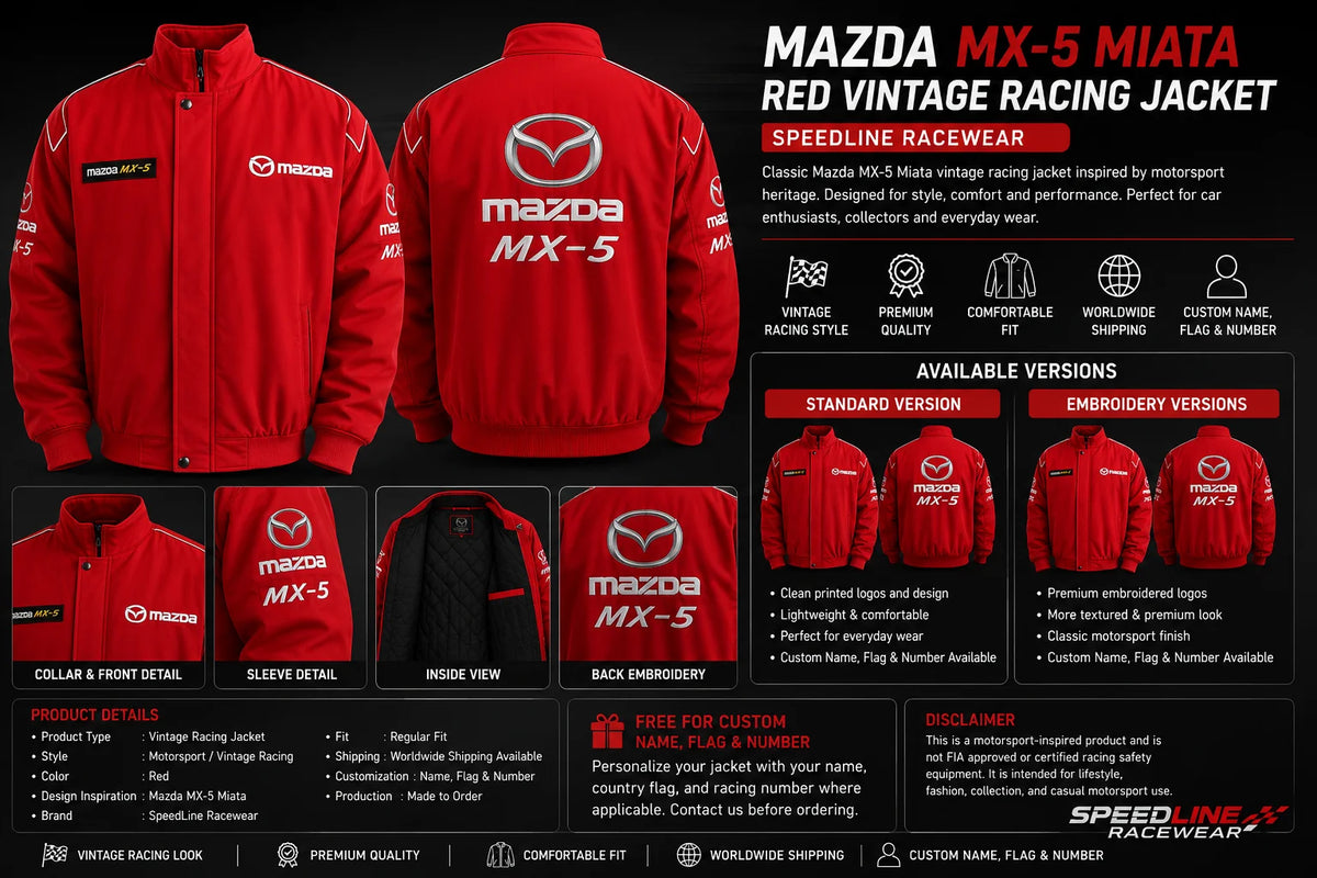 Mazda MX-5 Miata Red Vintage Racing Performance Jacket SpeedLine Racewear