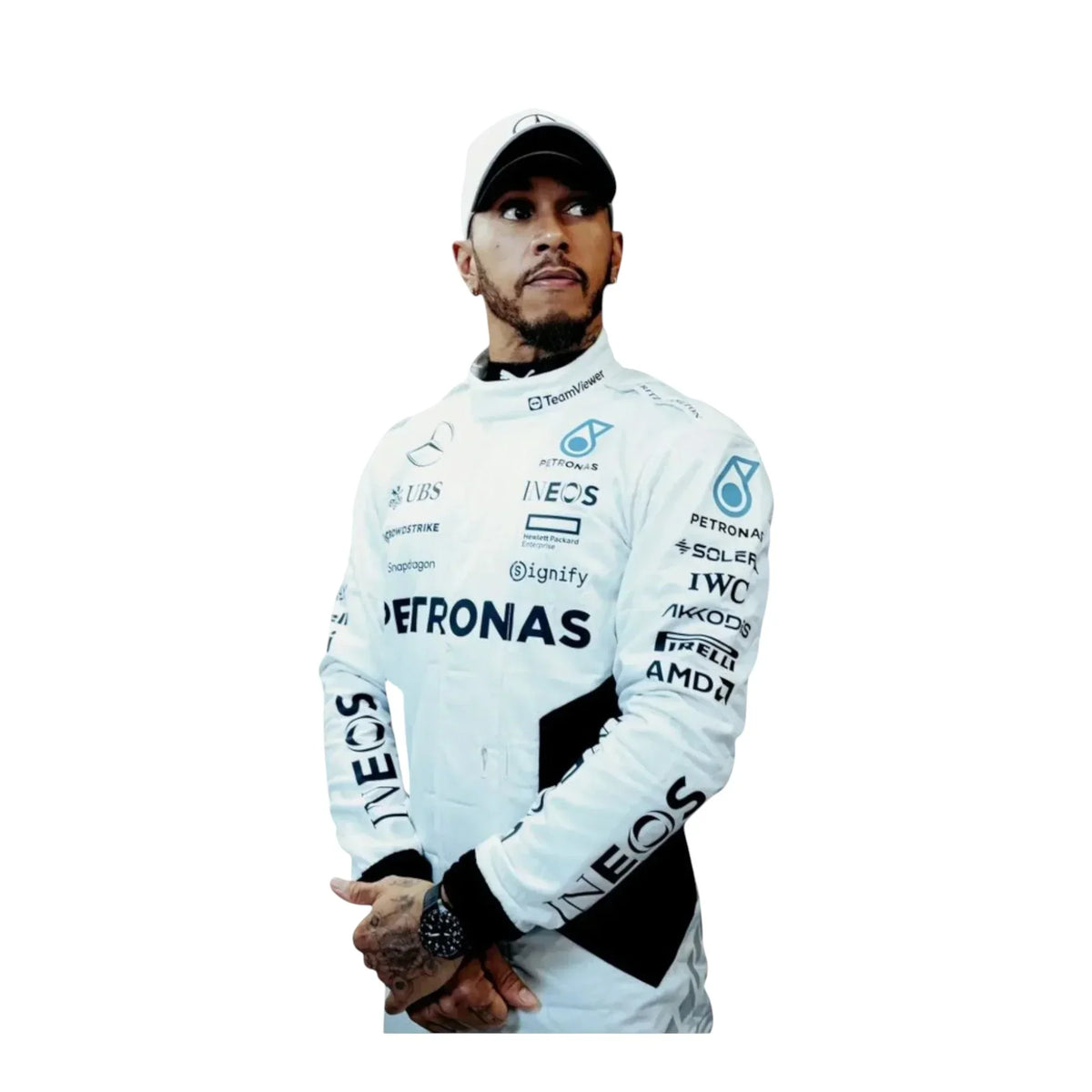 Mercedes F1 logo on 2024 Lewis Hamilton Qatar GP white race suit