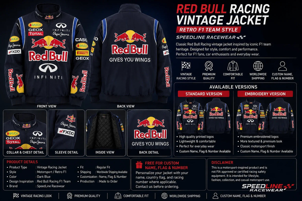 Red Bull Racing Vintage Jacket – Retro F1 Team Style SpeedLine Racewear