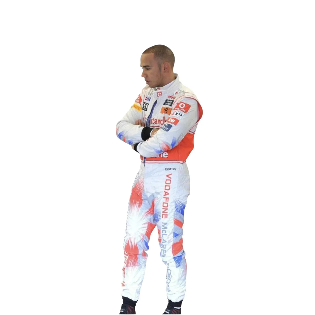 Side angle view of Lewis Hamilton Vodafone Mercedes-Benz Formula 1 racing suit