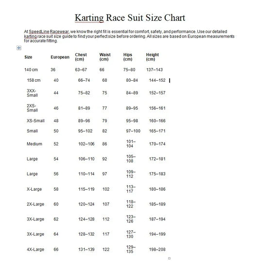 SizeChartSpeedLineRacewear