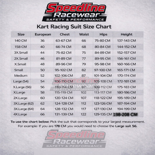 Speedline Racewear kart racing suit size chart displayed on a gray background.