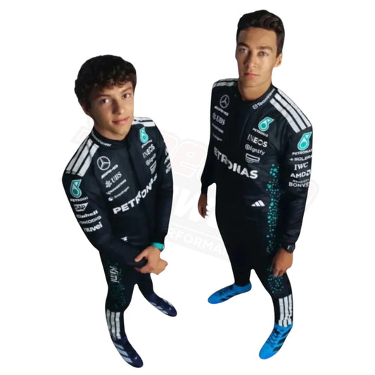 Two children dressed in Formula 1 themed outfits with sponsor logos, posing on a white background.