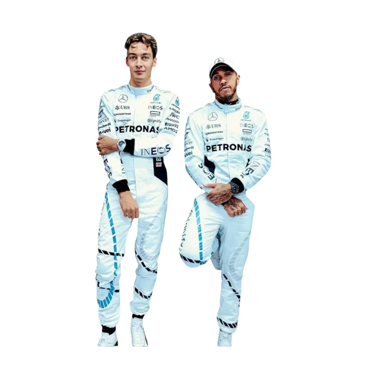 Two individuals wearing Mercedes-Benz racing suits on a white background