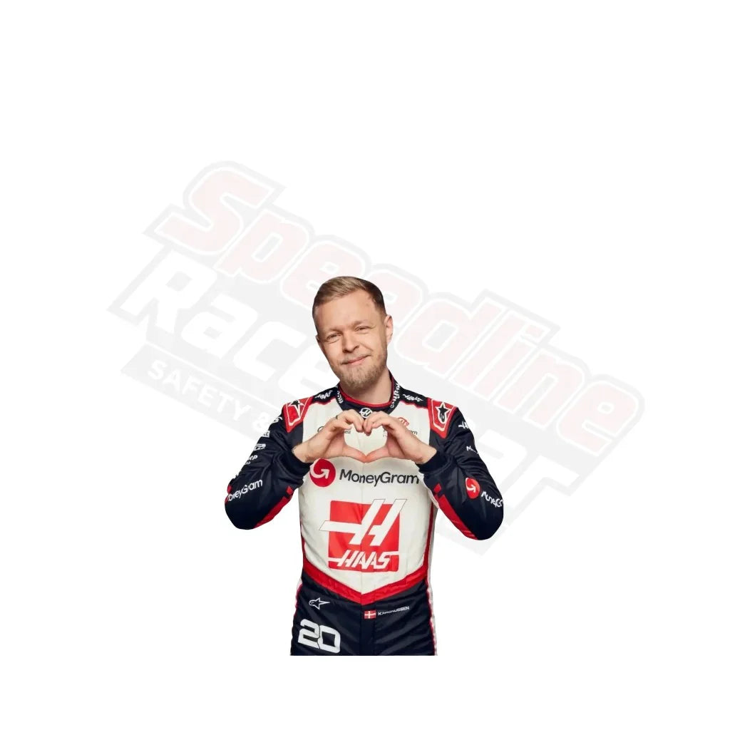 Side angle showing fit of Kevin Magnussen Haas F1 race suit”