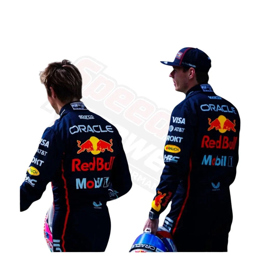 “Red Bull F1 Suit 2025 back view – two drivers showing rear design and sponsor logos on the race suits.”