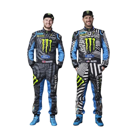 Two individuals wearing matching racing suits featuring Monster Energy and Ford logos, standing against a plain white background.