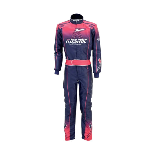 Kosmic 2020 go-kart racing suit featuring a pink and black design, displayed on a clean white background.